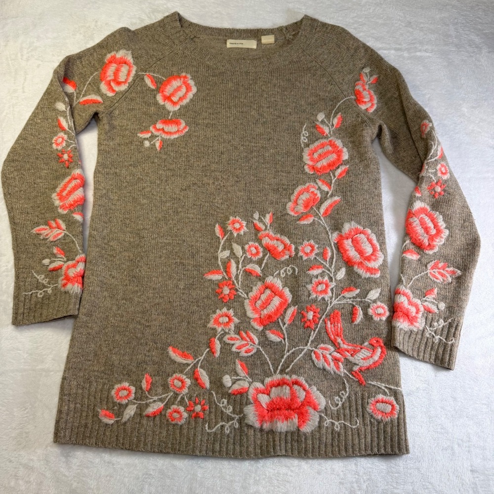 Sleeping on Snow Anthropologie Floral Embroidered Wool Blend Sweater Brown Small